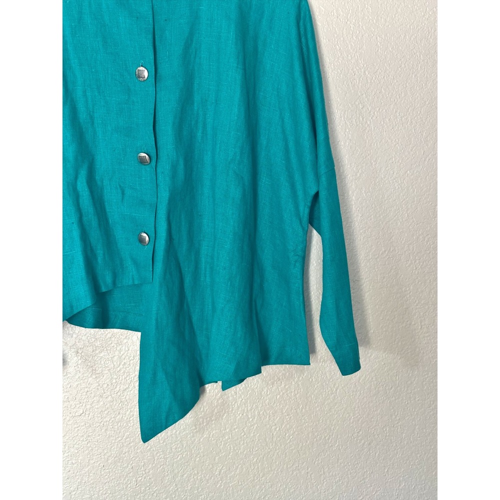 Itemz Chris Baumgartner Teal Linen Jacket Asymmetrical Lagenlook Art to Wear OS - Picture 4 of 8